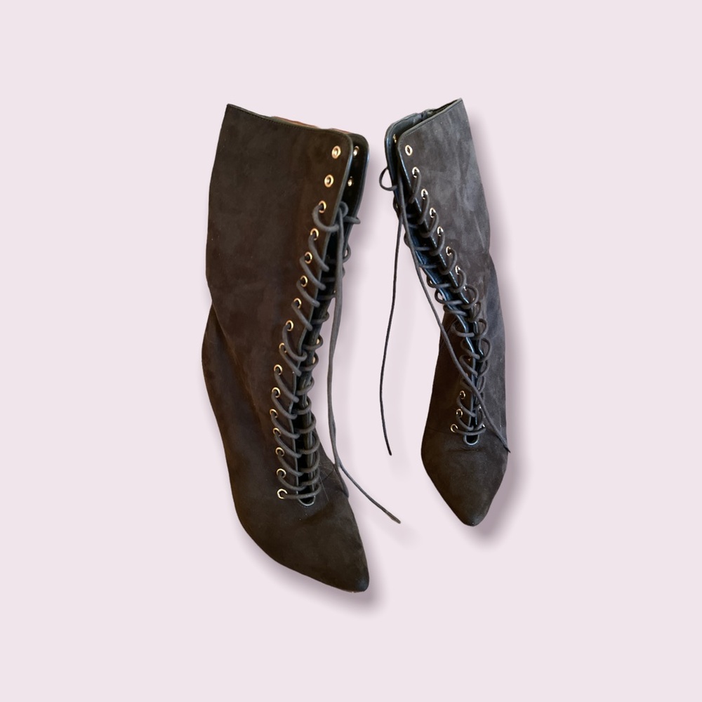 Army Green Suede Heeled Boot - Picture 3 of 7